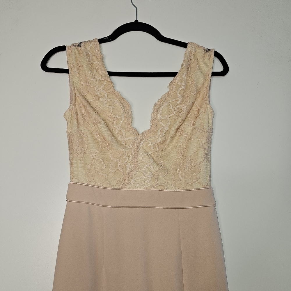 Maniju Blush Beige Scalloped V Neck Lace Sleeveless Top Side Slit Maxi Dress S - Picture 4 of 13